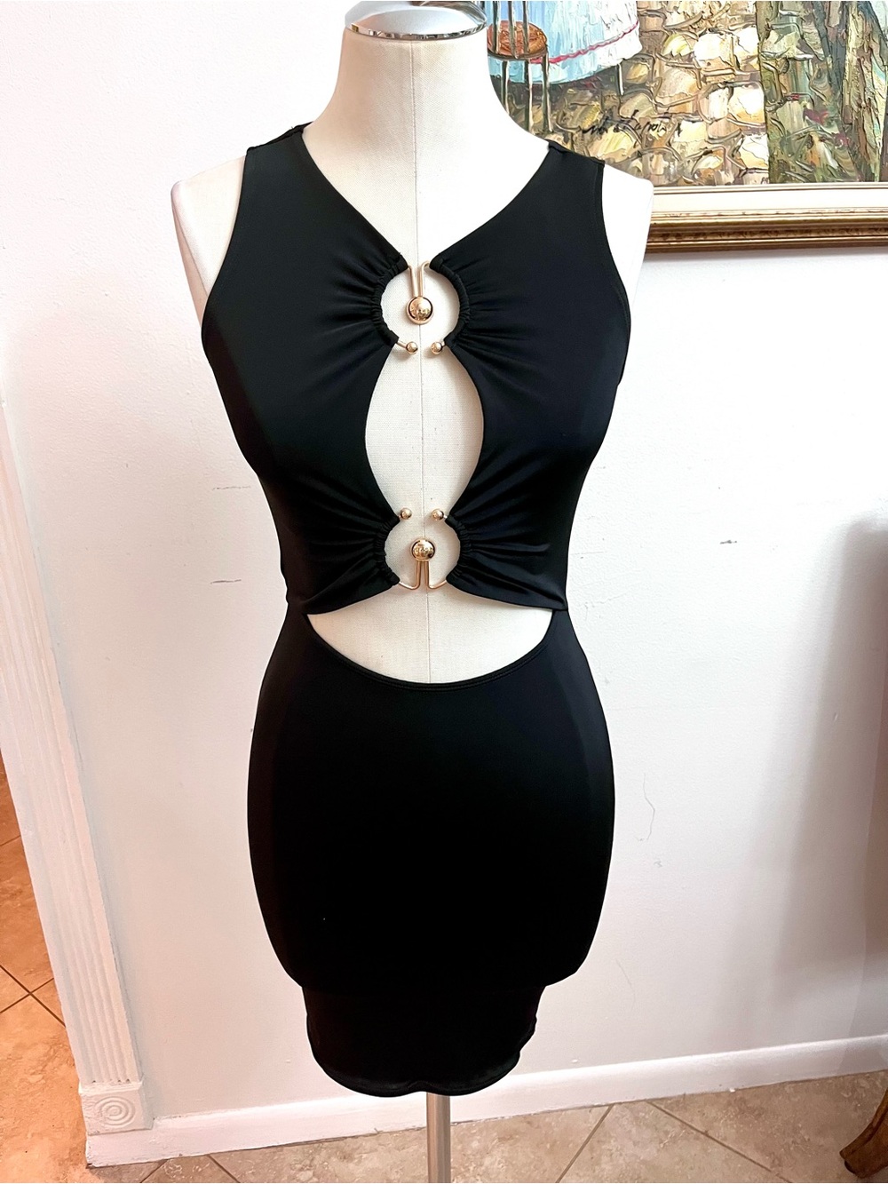 Fashion Nova Black Mini Dress with Gold Ring Cutouts